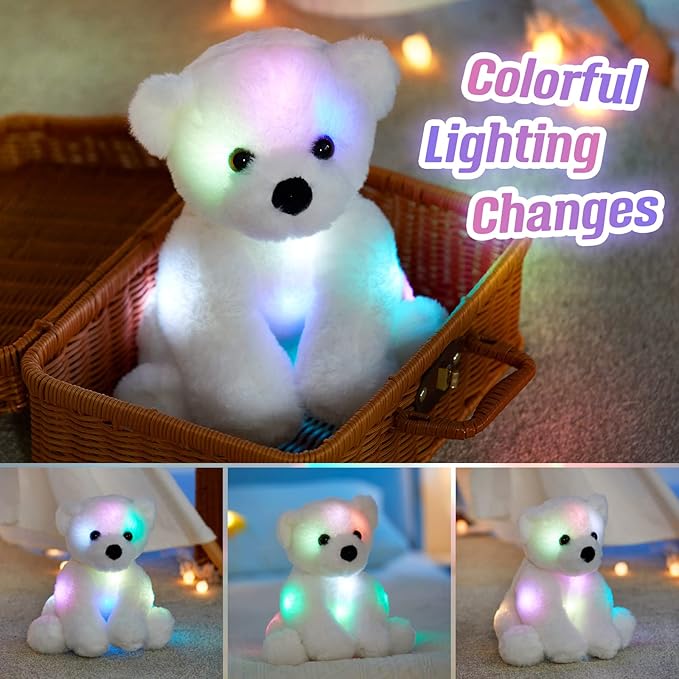 BSTAOFY Glow Polar Bear Light up Stuffed Animal LED Night Light Bear Soft Plush Toy Adorable Birthday Mother's Children's Day Valentines for Toddler Kids, White, 9.5''
