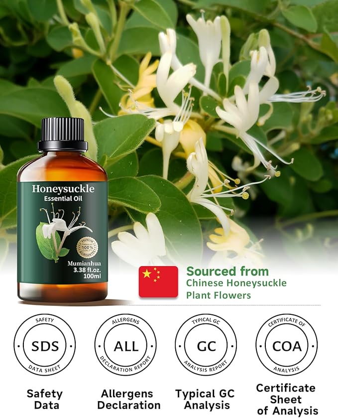 Pure Honeysuckle Essential Oil,Mumianhua Natural Honeysuckle Oil for Humidifier, Sweet Relaxation, Evening Serenity, Floral Diffusion, Laundry, Reed Diffuser, Skin,Candles,Perfume Crafts 3.38 Fl Oz
