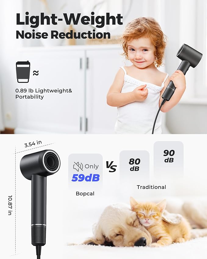 Bopcal Ionic Hair Dryer, 160000 RPM Brushless Motor, Smart Thermo-Control, Negative Ion Fast Drying, Quiet Lightweight Blow Dryer, Cold Air & 4 Heat Settings, for Home Travel Salon, Black