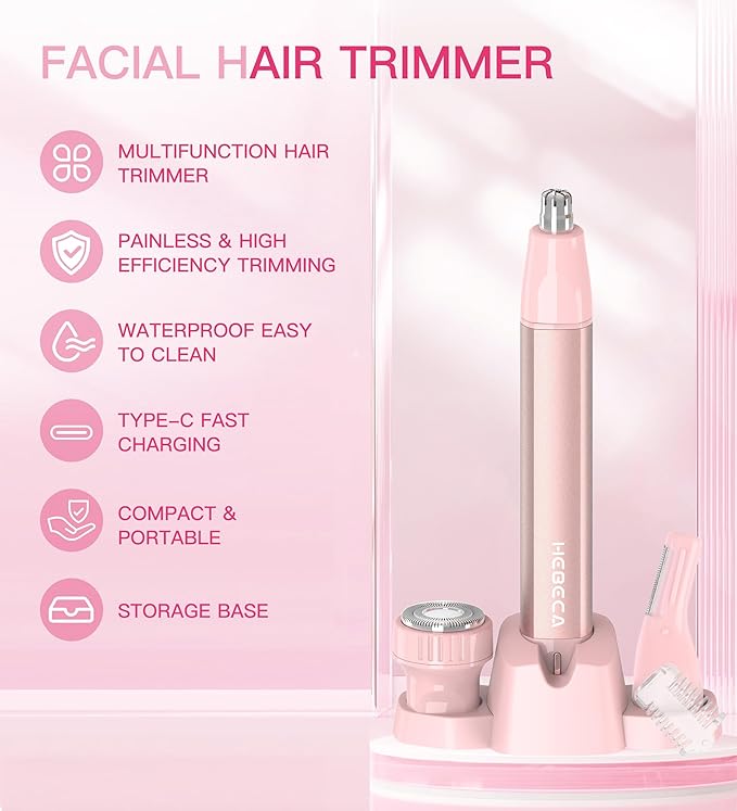 Nose Hair Trimmer for Women 3in1 Facial Hair Removal Trimmers- Rechargeable, Waterproof, Portable with Travel Bag- Trims Nose, Ear, Eyebrow, Peach-Fuzz, Lips, Chin Face Hair Remover (Rose Pink)