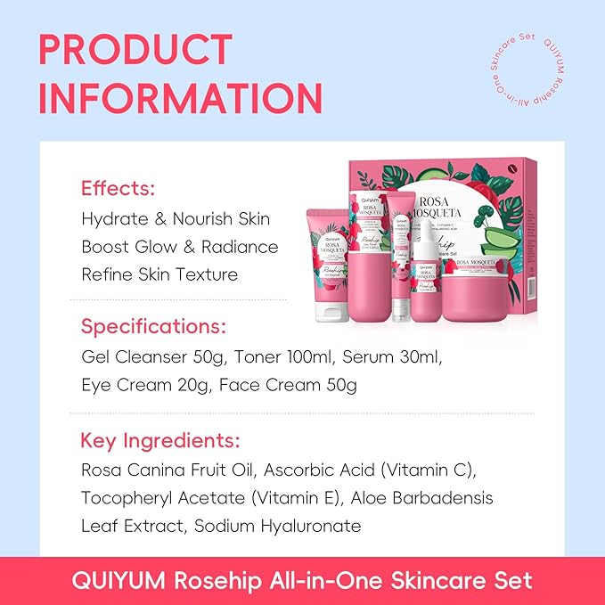 Skin Care Set, Rosehip Vitamin E Skincare Kits 5PCS- Beauty Skin Care for Women, Facial Skin Care Routine Set Kit, Restore Skin Elasticity, Refine Skin Texture, Even Skin Tone, for All Skin Types