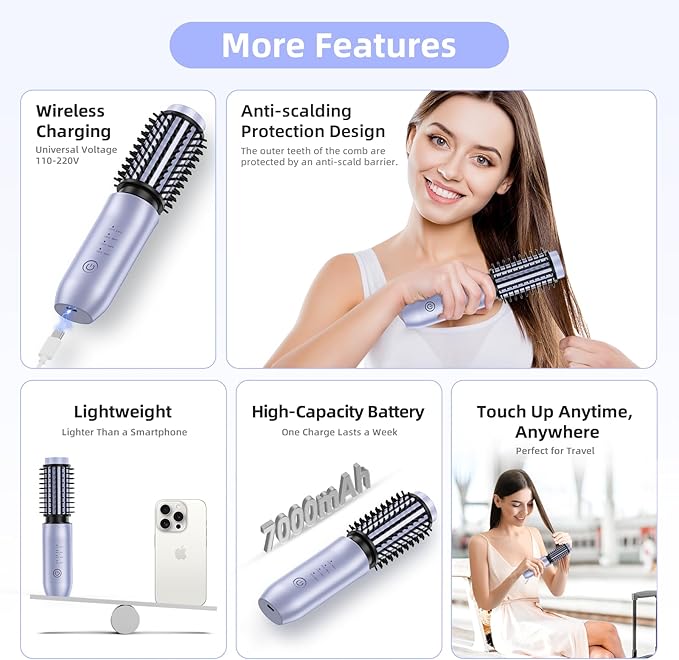 CARESKY® Cordless Curling Iron Brush, 1.5 Inch Mini Travel Hair Curler with 200 Million Negative Ions, Portable Heated Round Straightener Brush Rechargeable for Curl, Touch-Up, De-Frizz, Styling