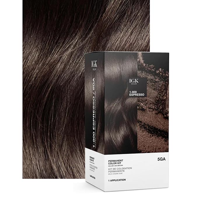 IGK Permanent Hair Dye Color Kit | 5GA 1-800 Espresso - Golden Ash Brown | 100% Gray Color Coverage + Strengthen + Shine | Ammonia Free