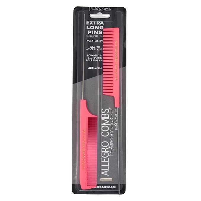 Allegro XL Pintail Rat Tail Parting Combs - Metal Tail Foiling Pin Combs for Stitch Braids - 2 Pc. (Neon Pink)