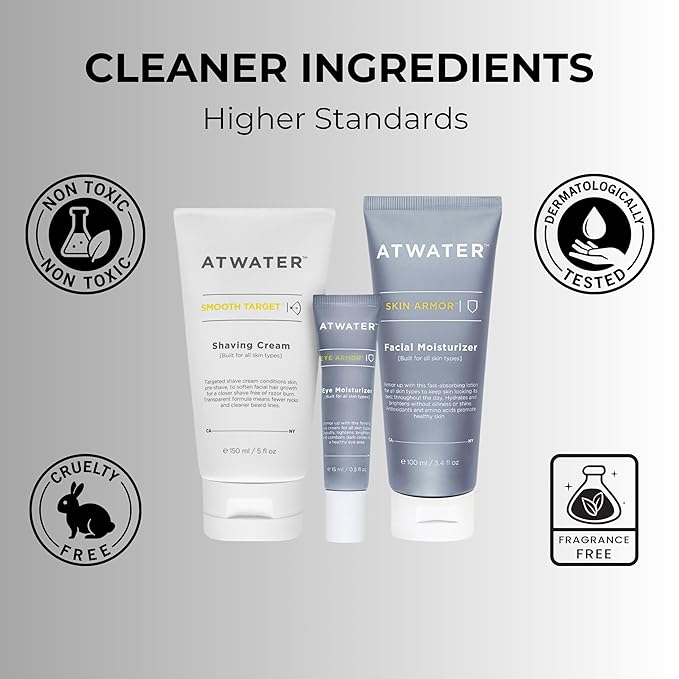 ATWATER Men’s Facial Skin Care Kit – Skin Armor Facial Moisturizer, Eye Armor Depuffing Cream & Smooth Target Shave Cream – Antioxidant-Rich, Non-Toxic, Vegan
