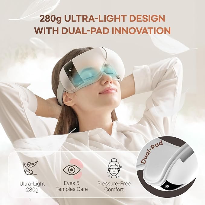 HubiCare Ultra Quiet with Double Pad Eye Massager, under 30dB Heat & Cooling for Enhanced Comfort, Airbag and Bluetooth Music for Dark Circles, Dryness, Relieve Strain and Migraine Relief Relaxation
