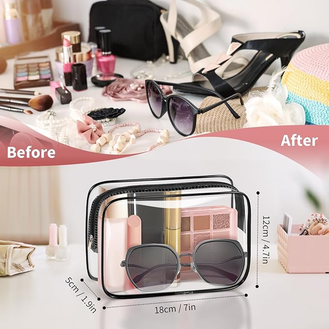 TISRATOK 12 PCS Clear Makeup Bag for Women with Zipper, TSA Approved Toiletry Pouch, Cosmetic Bag Bulk for Travel Organizer Essentials - Black,Medium