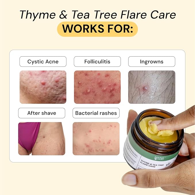 MyMagicHealer Thyme & Tea Tree Flare Care | Ingrown Hair, Razor Bumps, Blind Pimples, Bartholin, Pilonidal Cysts | Folliculitis Cure | Piercing Care w/Egg Yolk Extract & Tea Tree 4 oz
