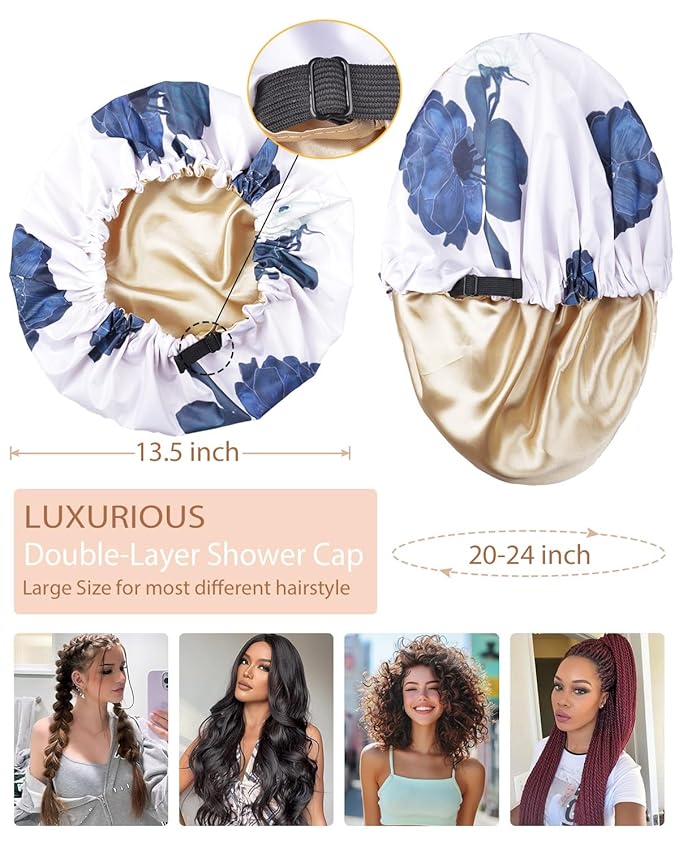 Shower Caps for Women Waterproof Reusable… (Blue Flower)