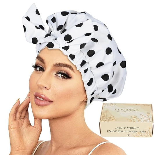 Shower Cap Luxury Shower Caps for Women Reusable Waterproof Large Hair Cap for Shower Non-slip with Adjustable Bowknot Quick-dry Hair Bath Cap for men