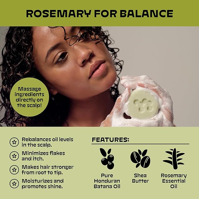 NOLE CARE Sustainable Bar Shampoo with Rosemary Mint & Batana Oil, for Dry Hair, Anti Dandruff (3 oz) - PH Balanced, Rice Protein Based, For Thining Hair, Sulfate-Free, Plastic-Free