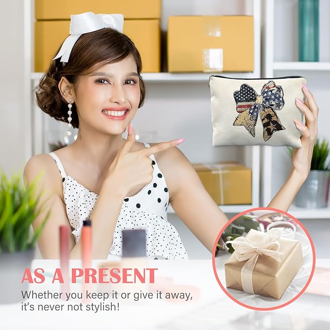 Retro American Flag Bow Makeup Bag for Women, Patriots Gifts for Women, Coquette Girly Patriotic Cosmetic Bag for Purse, American Flag Gifts Makeup Zipper Pouch