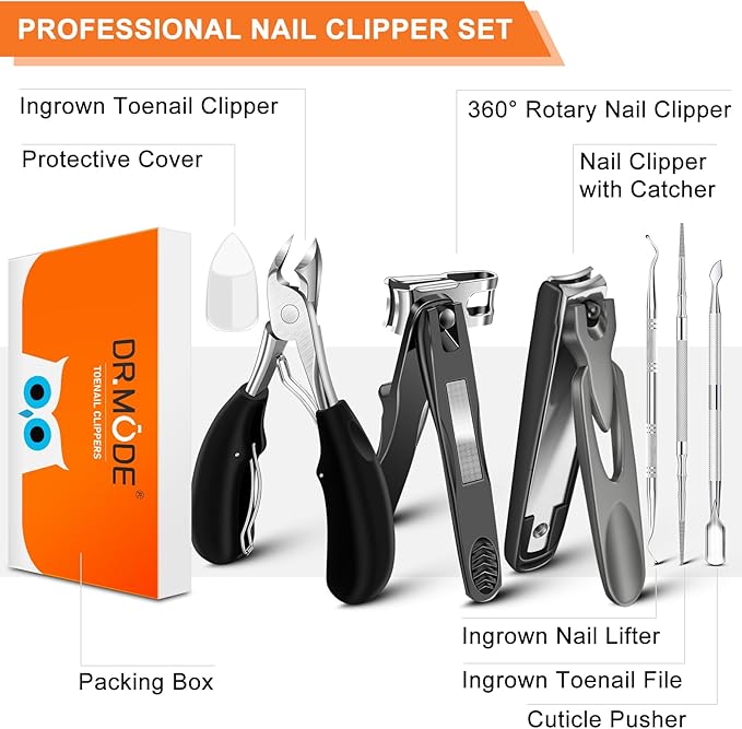 Toenail Clippers for Seniors Thick Toenails, DRMODE Heavy Duty Toe Nail Clippers for Men Thick Ingrown Nails with Wide Opening, Large 360 Degree Rotary Anti-Splash Finger Nail Clippers Adult w Catcher