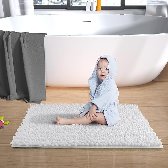Yimobra Large Bathroom Rugs Non Slip Washable 36x24 Inch - Ultra Soft Absorbent Chenille Bath Mat, Quick Dry Shaggy Floor Carpet for Tub Shower, White Home Decor Accessories