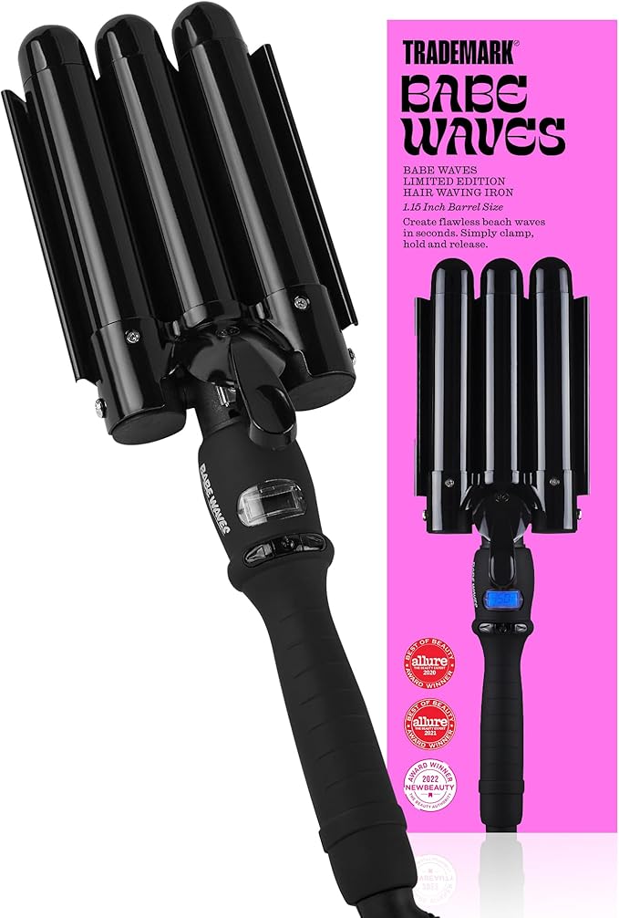 Trademark Beauty Three Barrel Hair Waver, Curling Iron, 1.1 Inch, Beach Waves, Adjustable Temperature Hair Curler, Babe Waves Limited Edition - Black