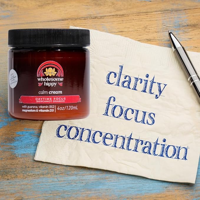 Wholesome Hippy Daytime Focus Calm Cream – All Natural Body Butter with Magnesium, Vitamin B12, Guarana & Bergamot Orange – Moisturizing Wellness Cream for Daily Clarity – 4oz
