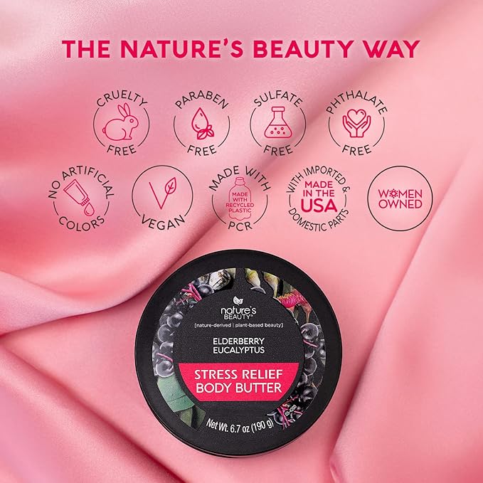 Nature's Beauty Elderberry Eucalyptus Stress Relief Body Butter Multi-Pack - Luxury Moisturizer, Unwind + Restore Your Skin, Made w/Shea Butter, Avocado + Sweet Almond Oil, 6.7 oz (2 Pack)