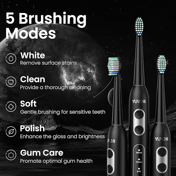 YUNCHI Electric Toothbrush for Adults and Kids, Sonic Rechargeable Toothbrushes with 8 Brush Heads, 1 Travel Case, 90 Days, 2 Min Timer, IPX7 Waterproof, 5 Modes, Type-C, 40000 VPM Motor, Black
