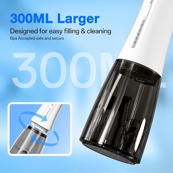 KIWIBIRD Water Dental Flosser Cordless with UVC Light, 3 Modes Portable Oral Irrigator, IPX7 Waterproof, 300ML Tank, Electric Teeth Cleaner for Tonsil Stones, Home & Travel Use (Black & White)