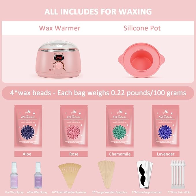 Waxing Kit -Digital Wax Warmer Machine for Hair Removal with 4 Packs of Hard Wax Beads & Silicone Pot for Full Body, Legs, Face, Eyebrows, Bikini, Brazilian at Home Waxing Kit for Women Men