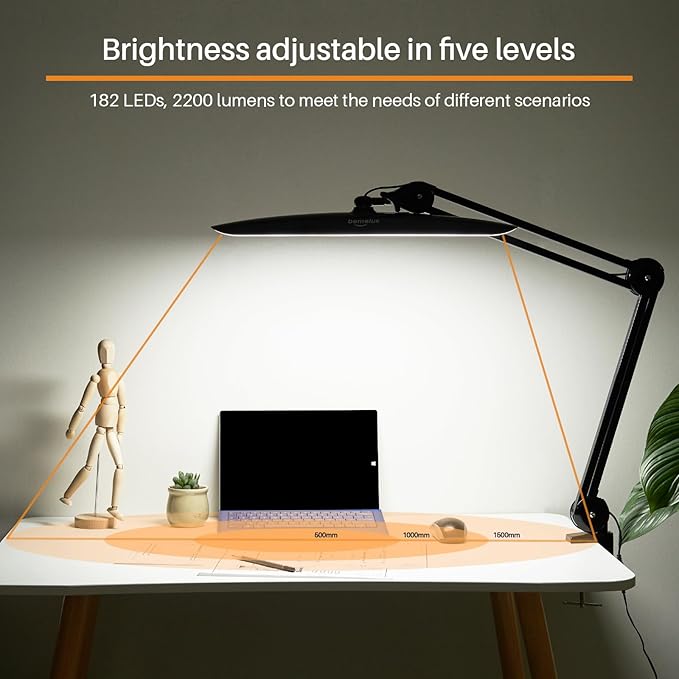 24W LED Desk Lamp with Clamp, 5 Dimming Modes, 5 Color temperatures up to 6000K, 2200 Lumens High Brightness Working Lamp with 182 Pcs LED(Black, CCT)