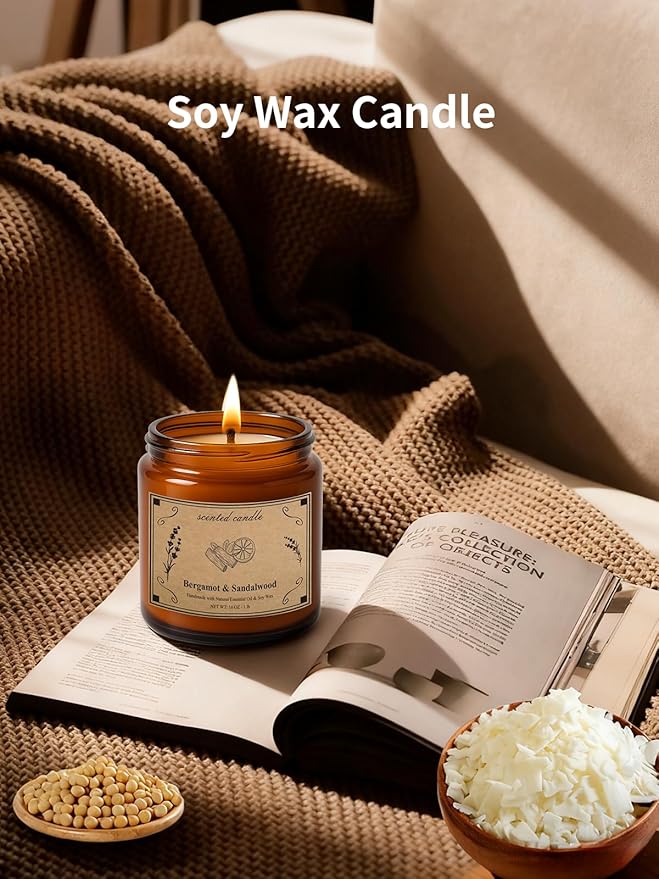 Scented Candles, 16oz Large Jar Soy Wax Candle – Bergamot & Sandalwood with Premium Plant Wax Blend for Consistent Burn, Aromatherapy Candle for Home Scented, Relaxation and Gift for Women/Men
