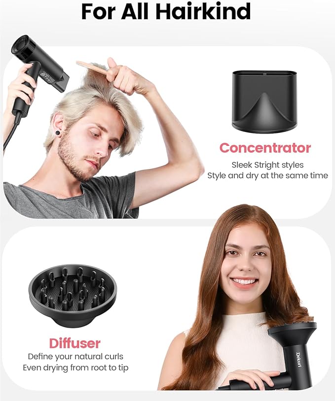 Hair Dryer, 110,000 RPM High-Speed Fast Drying Blow Dryer, 200 Million Ionic Lightweight Hairdryer with Diffuser, Magnetic Nozzle, 4 Temps & 2 Speeds, Low Noise for Women & Men, Black