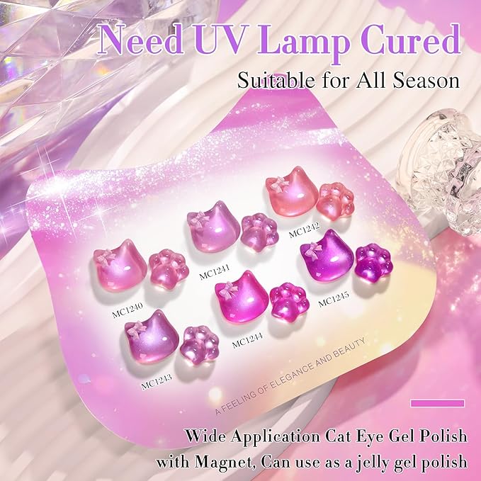 Double Rhythm Cat Eye Gel Nail Polish Set of 6 Same Color Same Bottle 0.5 Oz Shimmer Glitter with Magnet Holographic Reflective Magnetic UV Polish Kit at Home (Glass Purple Lavender -T6-47)