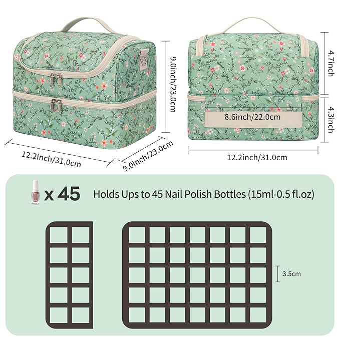 Nail Polish Organizer Case, Floral Print Nail Bag Holds 45 Bottles & Full-Size Lamp, 2-Layer Nail Kit Bag Organizer for Manicure Tools & Nail Supplies Storage