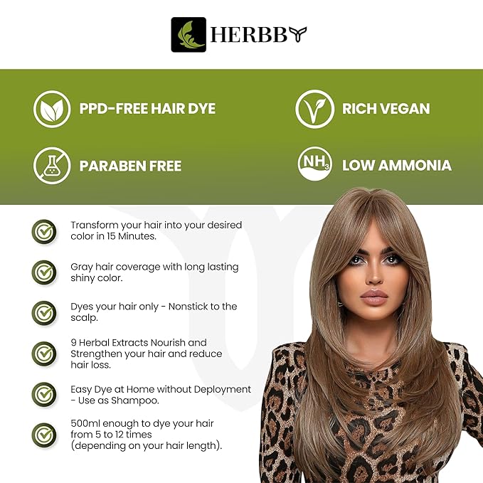 HERBBY Hair Color Shampoo for Gray Hair Coverage&Color Transform with 9 Herbal Extracts –Long Lasting(6-8 Weeks),Shiny,Evenly Colored,Instant Hair Dye Shampoo&Conditioner, 500 Ml (TIGER BROWN COLOR)