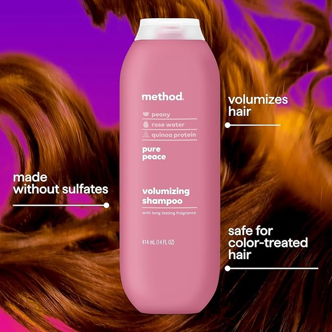Method Volumizing Shampoo, Pure Peace with Rose, Peony, and Pink Sea Salt Scent Notes, Paraben and Sulfate Free, 14 oz (Pack of 1)