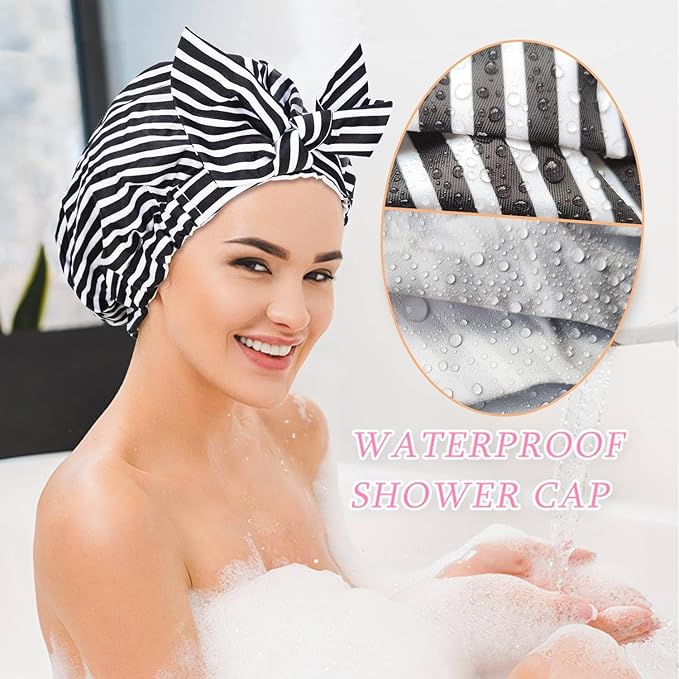 Shower Cap Luxury Shower Caps for Women Reusable Waterproof Hair Cap for Shower with Adjustable Bowknot Hair Bath Cap (Black Stripe)