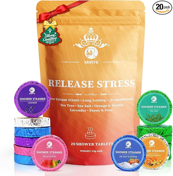 Shower Steamers Aromatherapy, Christmas Gifts for Women and Men, 20-Pack Organic Shower Bombs with Essential Oil, Tea Tree, Orange & Vanilla, Sea Salt, Lavender, Peony & Pear Bath Tablets