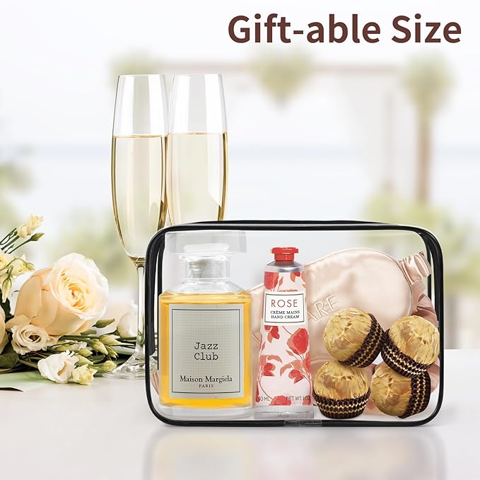 TISRATOK 12 PCS Clear Makeup Bag for Women with Zipper, TSA Approved Toiletry Pouch, Cosmetic Bag Bulk for Travel Organizer Essentials - Black,Medium