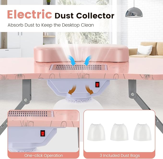 Giantex Nail Table for Nail Tech, Portable Manicure Table with Electric Dust Collector, USB-Plug LED Lamp, Wrist Rest, 4 Lockable Wheels, Foldable Nail Desk with Carry Bag (Pink)