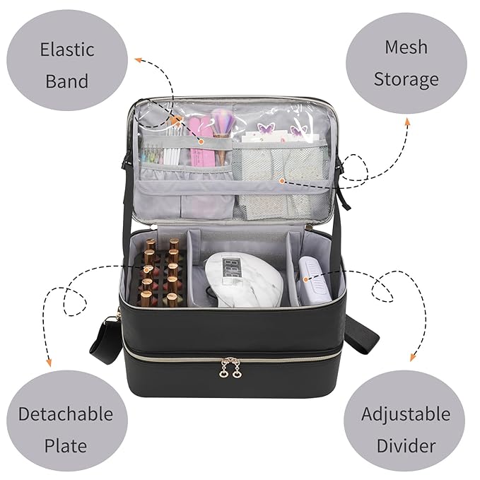 Ethereal Nail Polish Organizer Case, Leather Nail Polish Bag Holds 50+ Bottles (5ml/0.5fl.oz) and Nail Lamp, Nail Storage Organizer with Compartment, Leather Black