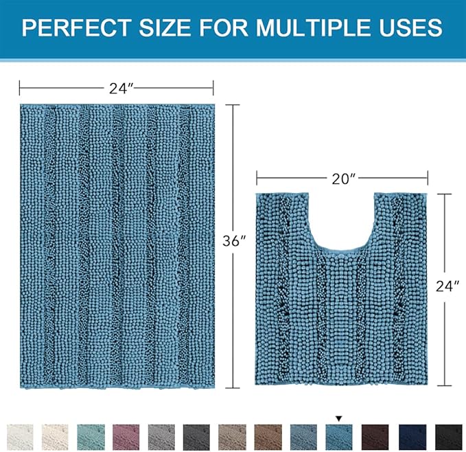 H.VERSAILTEX Bathroom Rugs Bath Rug Set 2 Piece Bathroom Contour Rug Toilet Mat Sets Non Slip Contour Bath Rug Ultra Thick Water Absorbent Striped Bath Mats(36" x 24" Plus 20" x 24" U, Turquoise Blue)