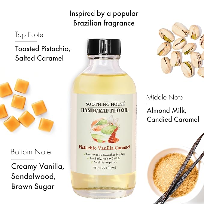 Pistachio Vanilla Caramel Body Oil - Nourishing Body Moisturizer for Soft, Glowing Skin with Jojoba & Almond Oil (4 fl oz)
