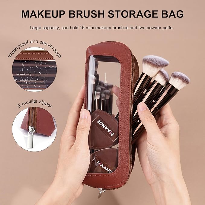 MAANGE Makeup Brush Set 19 PCS Travel Makeup Brushes Eyeshaowder Powder Concealers Foundation Professional Make Up Brush Set with Case (Coffee)