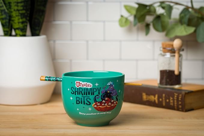 Silver Buffalo Disney Villains Little Mermaid Ursula's Shrimpy Bits Ceramic Ramen Noodle Rice Bowl with Chopsticks, Microwave Safe, 20 Ounces, Little Mermaid Ursula's Shrimpy Bits