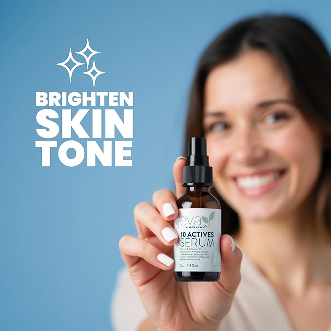 Eva Naturals 10 Actives Serum – Vitamin C, Niacinamide, Hyaluronic Acid, Turmeric, CoQ10 – Natural Anti Aging Face Serum for Dark Spots, Wrinkles, Acne, Skin Care & Facial Spot Remover