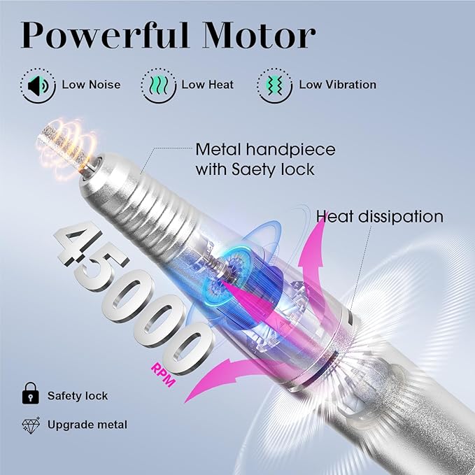 Nail Drill 45000RPM Professional Electric Nail File with Sanding Bands and Nail Drill Bits for Acrylic, Gel Nail Manicure & Pedicure, Black