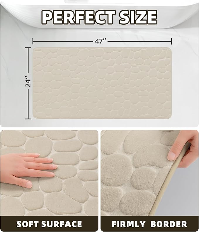 YIHOUSE Memory Foam Runner Rug, Cobblestone Bathroom Runner Rugs Super Water Absorbent Bath Mats for Bathroom Machine Washable Bath Rugs for Hallway Bedroom Laundry Room(24 x47,Khaki)