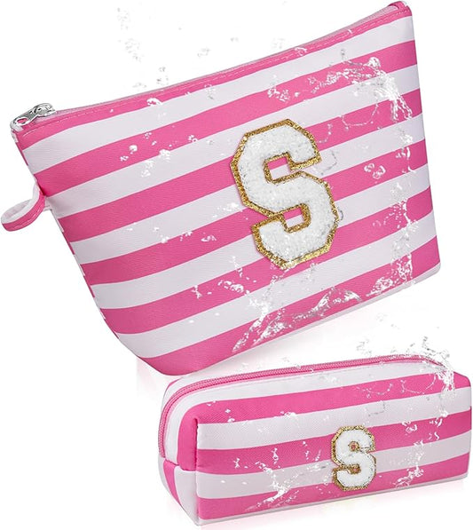 Initial Makeup Bag Personalized Stripe Cosmetic Bag Cute Waterproof Travel Toiletry Bag Birthday Gifts for 10 11 12 13 14 15 16 Years Old Teen Girl Gift Trendy Stuff (Pink S)