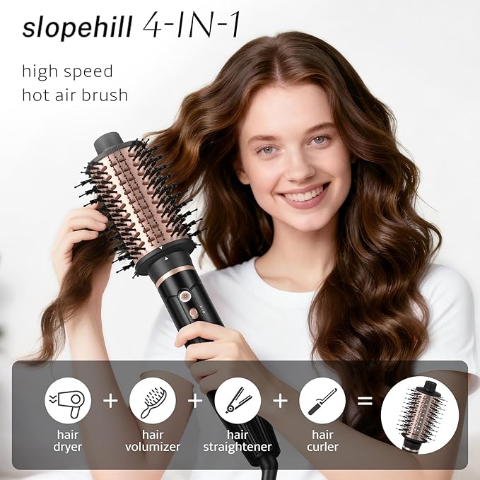 slopehill High Speed Blow Dryer Brush,1600W & 100,000RPM Hot Air Brush, 2 Detachable Oval Brushes (2.36" & 2.95"), 50m/s Fast Drying, Straightening, Volumizing & Curling Hair, 4 Heat & 2 Speed