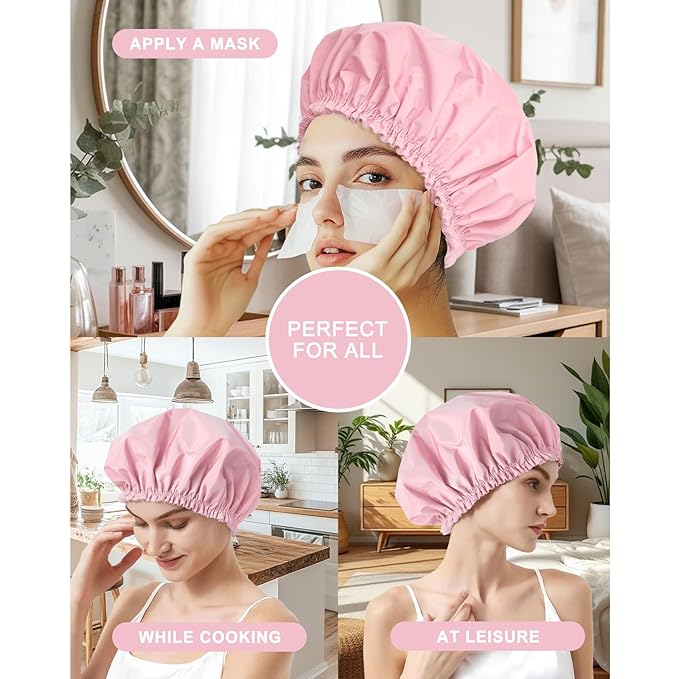 Shower Cap for Women, Double Layer Waterproof Bath Cap, Reusable Hair Protector, Large Waterproof Shower Bonnet Washable Elastic Band Bath Hair Hat for Long Hair, Braids， - Pink