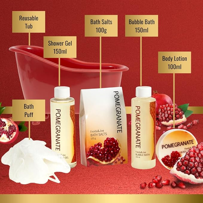 Red Pomegranate Home Spa Bath Basket - Bath & Body Set For Women - Contains Shower Gel, Bubble Bath, Body Lotion, Pomegranate Bath Salt & Pouf in Red Tub