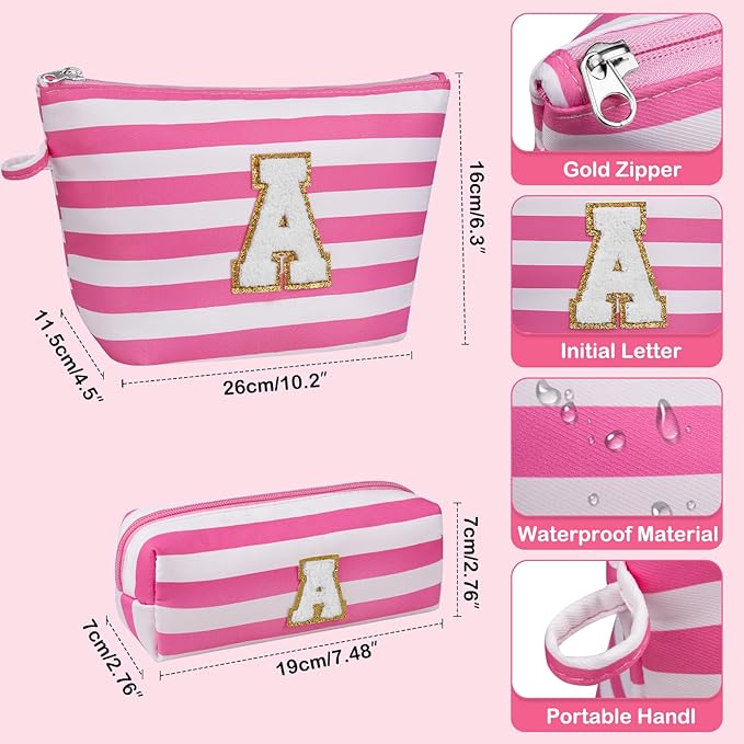 Initial Makeup Bag Personalized Stripe Cosmetic Bag Cute Waterproof Travel Toiletry Bag Birthday Gifts for 10 11 12 13 14 15 16 Years Old Teen Girl Gift Trendy Stuff (Pink C)