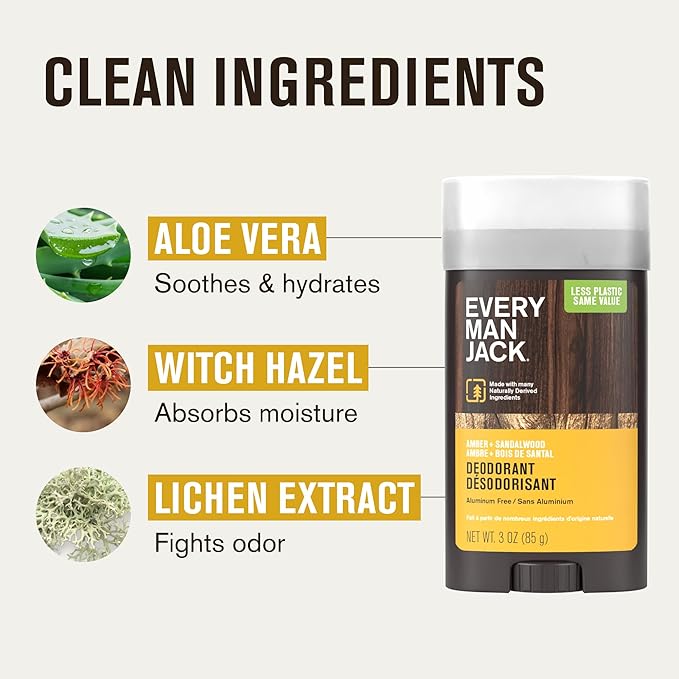 Every Man Jack Amber + Sandalwood Men’s Deodorant - Stay Fresh with Aluminum Free Deodorant For all Skin Types - Odor Crushing, Long Lasting, with Naturally Derived Ingredients - 3oz (2 Pack)