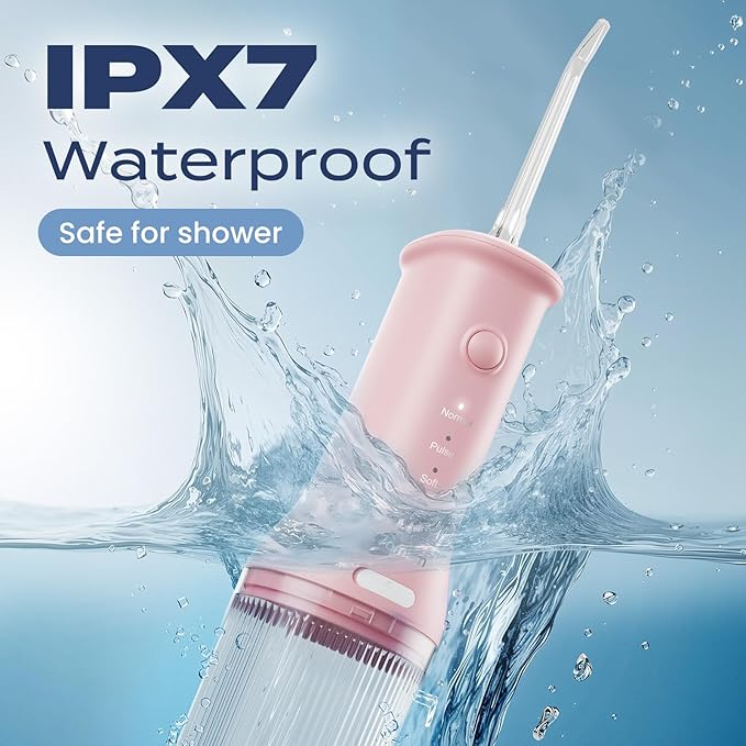 7AM2M Portable Water Flosser Cordless, Water Flosser with 3 Modes and 2 Jet Tips, USB C Rechargeable, IPX7 Waterproof, Dental Water Flosser for Travel and Home Use (Pink)
